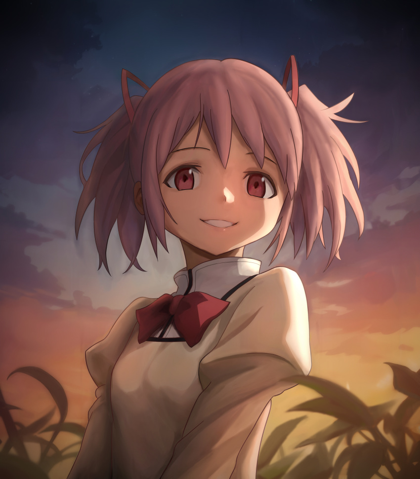 1girl absurdres bow bowtie collared_shirt dusk foliage gradient_sky hair_ribbon highres juliet_sleeves kaname_madoka long_sleeves mahou_shoujo_madoka_magica mahou_shoujo_madoka_magica_(anime) mitakihara_school_uniform pigsir13152 pink_eyes pink_hair plant puffy_sleeves red_bow red_bowtie red_ribbon ribbon school_uniform shirt short_hair short_twintails sky smile solo sweater twintails white_shirt yellow_sweater