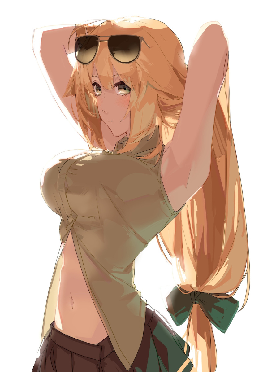 1girl arms_behind_head asimo_(hakurei10201) bad_id bad_pixiv_id black_skirt blonde_hair blush bow collared_shirt eyewear_on_head girls'_frontline green_bow green_eyes hair_bow highres long_hair looking_at_viewer m1918_(girls'_frontline) navel pleated_skirt shirt skirt sleeveless sleeveless_shirt solo sunglasses upper_body white_background
