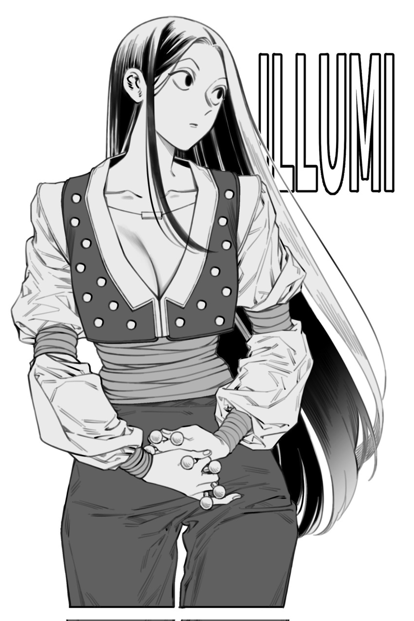 1girl between_fingers breasts character_name closed_mouth collared_shirt cropped_legs genderswap genderswap_(mtf) greyscale hair_behind_ear highres holding holding_nail holding_weapon hunter_x_hunter hxhjjjj_h_9 illumi_zoldyck jewelry korean_commentary large_breasts long_hair long_sleeves looking_to_the_side monochrome nail necklace pants parted_bangs pendant shirt simple_background solo very_long_hair vest weapon