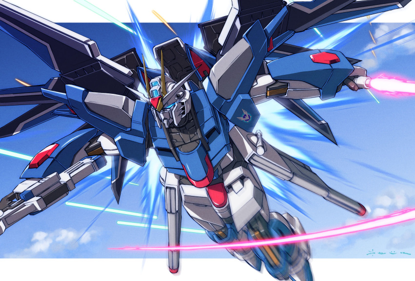 beam_rifle beam_saber blue_eyes blue_sky cloud daue dual_wielding energy_gun exhaust eye_trail flying full_body glowing glowing_eye gun gundam gundam_seed gundam_seed_freedom highres holding holding_gun holding_sword holding_weapon insignia laser letterboxed light_trail looking_ahead mecha mechanical_wings mobile_suit motion_blur no_humans outside_border outstretched_arms rising_freedom_gundam robot science_fiction signature sky solo spread_arms sword v-fin weapon wings