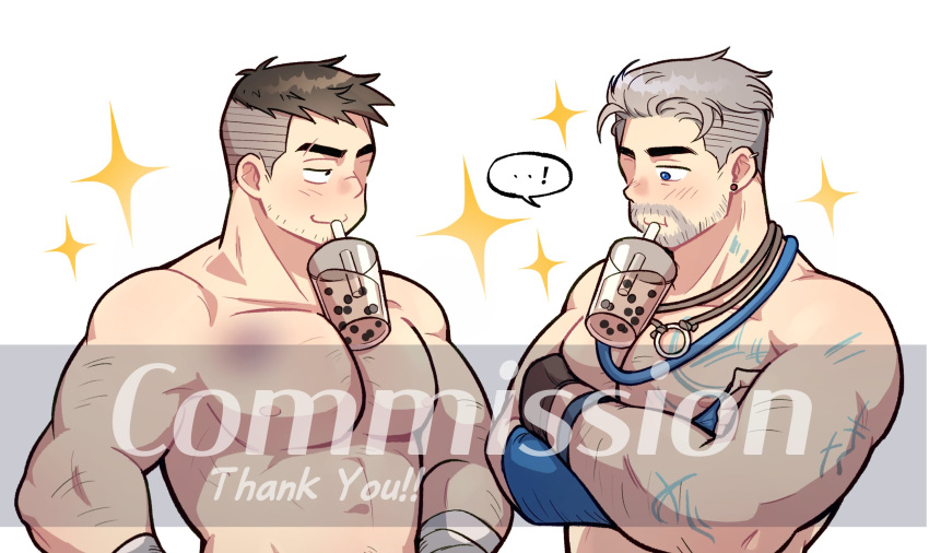 2boys bad_id bad_twitter_id bara beard_stubble between_pectorals bubble_tea_challenge commission crossed_arms cup david_king_(dead_by_daylight) dead_by_daylight disposable_cup drink drinking_straw drinking_straw_in_mouth facial_hair fireworks goatee highres looking_at_another male_focus multiple_boys muscular muscular_male mustache_stubble no_nipples nude object_on_pectorals pectoral_lift pectorals sanpaku short_hair sideburns_stubble smile smug sparkler sparse_arm_hair sparse_chest_hair sparse_stubble stubble thick_eyebrows undercut upper_body vittorio_toscano wasted_m9 watermark