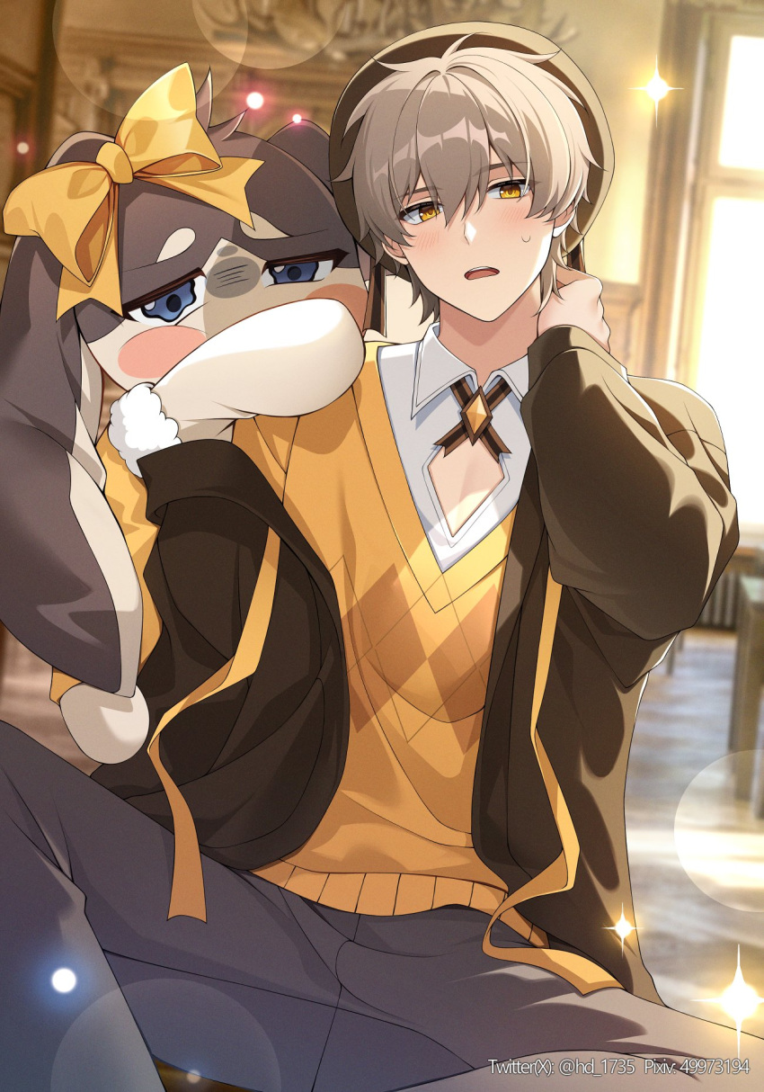 1boy 1other alternate_costume animal_ears argyle argyle_sweater arm_rest artist_name beret black_hoodie black_necktie blue_eyes blurry blurry_background bokeh bolo_tie bow brown_headwear caelus_(honkai:_star_rail) cleavage_cutout clothing_cutout collared_shirt commentary depth_of_field diamond_cutout drawstring english_commentary film_grain floor grey_hair grey_pants hand_on_own_neck hat highres honkai:_star_rail honkai_(series) hood hoodie indoors long_sleeves looking_at_viewer lop_rabbit_ears male_focus necktie open_clothes open_hoodie open_mouth pants pixiv_id pom-pom_(honkai:_star_rail) rabbit_ears shirt short_hair single_off_shoulder solcha sparkle sweat sweater table trailblazer_(honkai:_star_rail) twitter_username wavy_eyes white_shirt window wing_collar yellow_bow yellow_eyes yellow_sweater