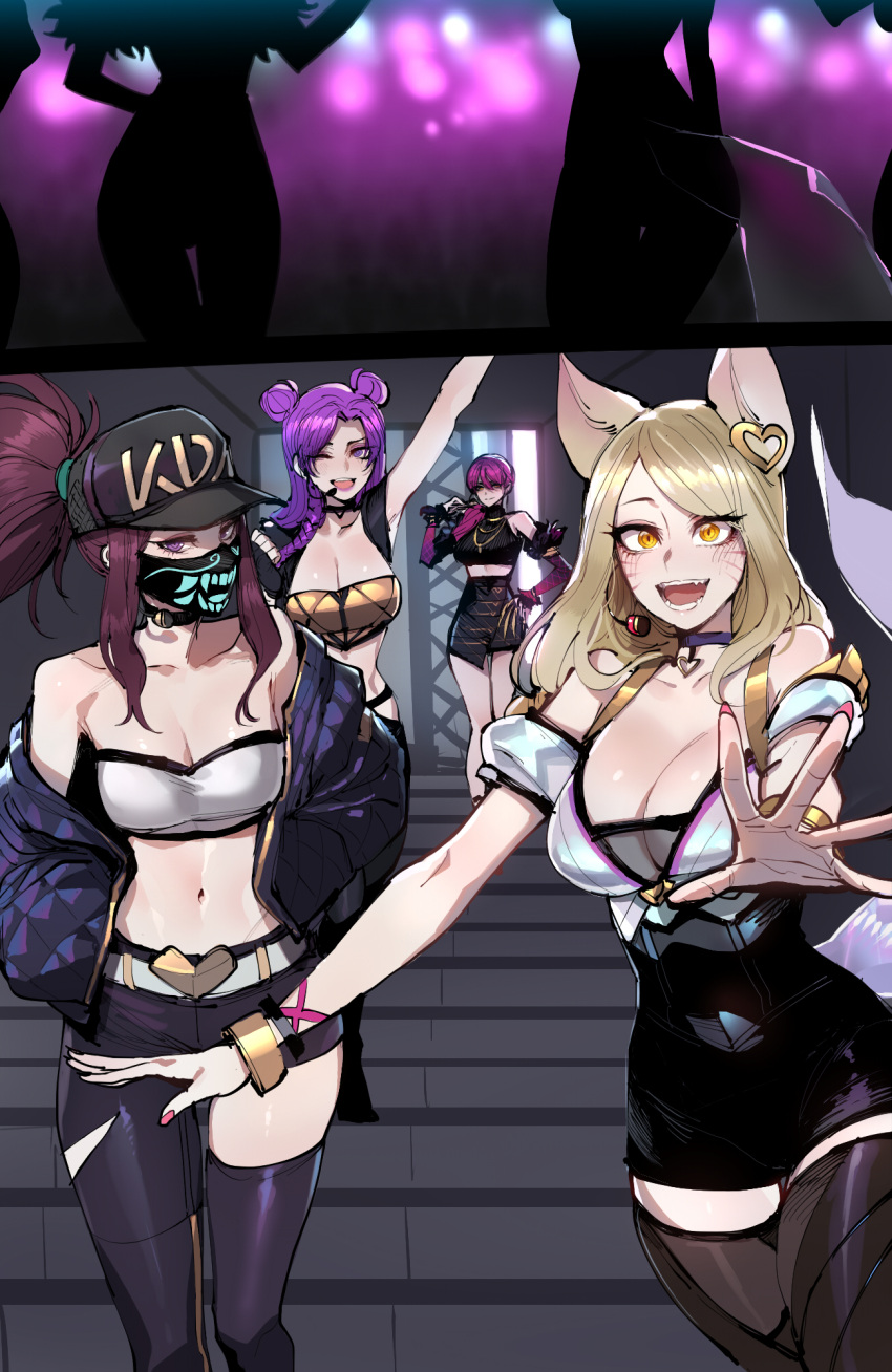 4girls :d ahri_(league_of_legends) akali animal_ears arm_up bare_shoulders black_pants black_skirt blonde_hair bracelet breasts choker cleavage double_bun evelynn_(league_of_legends) facial_mark fox_ears fox_tail hair_bun hair_ornament heart heart_hair_ornament highres indoors jacket jewelry k/da_(league_of_legends) k/da_ahri k/da_akali k/da_evelynn k/da_kai'sa kai'sa large_breasts league_of_legends long_hair looking_at_viewer mask mouth_mask multiple_girls navel off_shoulder open_clothes open_jacket pants pink_eyes pink_hair ponytail purple_hair ratatatat74 red_hair shiny_skin skirt smile stairs stomach tail teeth thighhighs upper_teeth_only whisker_markings yellow_eyes