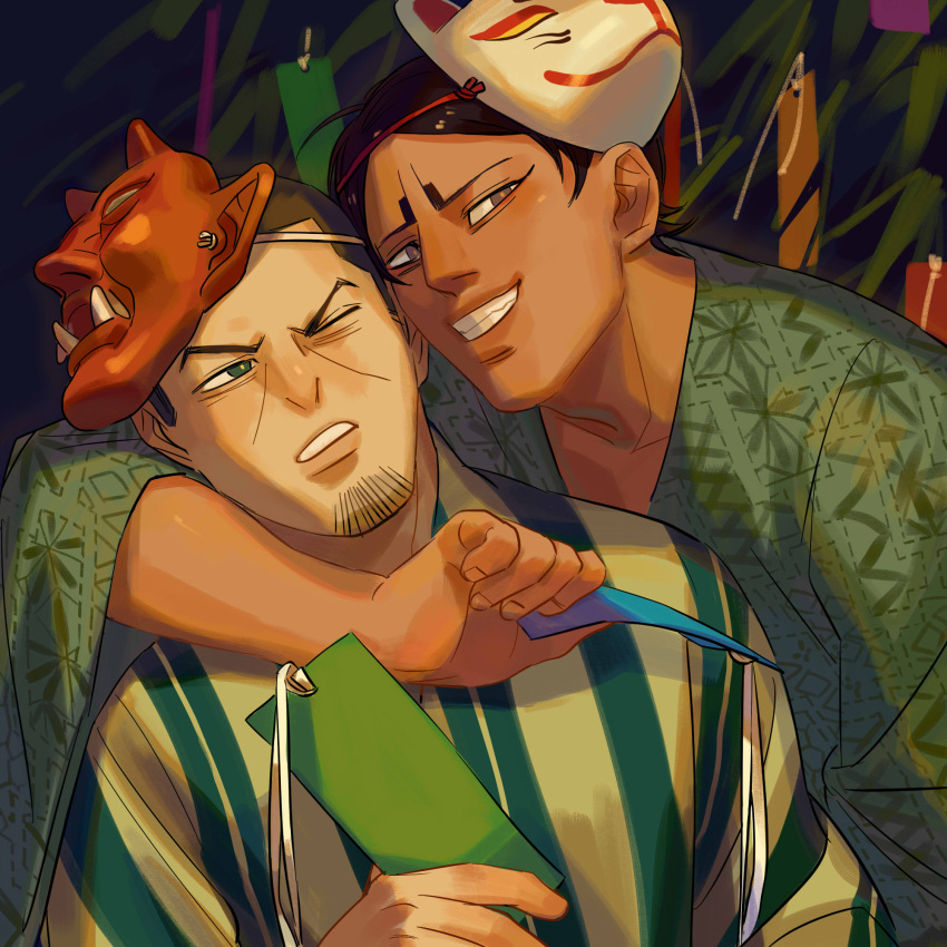 2boys arm_around_neck black_hair brown_eyes brown_hair chengongzi123 dark-skinned_male dark_skin facial_hair fox_mask goatee_stubble golden_kamuy green_eyes green_kimono grin hand_up highres holding japanese_clothes kimono koito_otonoshin long_sleeves looking_at_another looking_at_viewer male_focus mask mask_on_head multiple_boys night one_eye_closed outdoors short_hair smile stubble summer_festival tsukishima_hajime upper_body very_short_hair wide_sleeves yukata