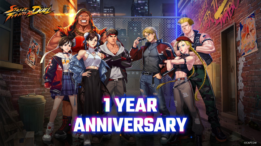 alley balrog_(street_fighter) braid brick_wall building cammy_white chain-link_fence chun-li coat double_bun fence guile hair_bun headband highres hood hoodie jacket ken_masters midriff neon_lights official_art punk ryu_(street_fighter) standing street_fighter sunglasses trash_can twin_braids