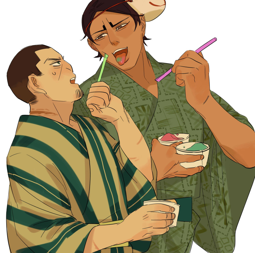 2boys brown_eyes brown_hair cheek_poking chengongzi123 cup drinking_straw eating facial_hair food food_in_mouth fox_mask goatee golden_kamuy green_kimono hands_up highres holding holding_cup japanese_clothes kimono koito_otonoshin long_sleeves looking_at_another male_focus mask mask_on_head multiple_boys open_mouth poking scar scar_on_arm scar_on_neck shaved_ice short_hair simple_background standing summer_festival tongue tongue_out tsukishima_hajime upper_body very_short_hair white_background wide_sleeves yukata