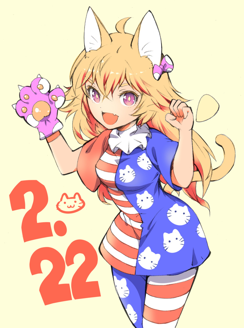 1girl :d ahoge american_flag_dress american_flag_legwear animal_ears animal_hands animal_print blonde_hair bow breasts bright_pupils cat_day cat_ears cat_girl cat_print cat_tail clownpiece colored_eyelashes commentary_request cowboy_shot crossed_bangs dated eyelashes fang gloves hair_between_eyes hair_bow hands_up highres ichizen_(o_tori) kemonomimi_mode long_hair looking_at_viewer one-hour_drawing_challenge open_mouth paw_gloves paw_pose pink_bow purple_eyes short_eyebrows short_sleeves simple_background single_glove skin_fang small_breasts smile solo spiked_hair tail touhou v-shaped_eyebrows white_pupils yellow_background