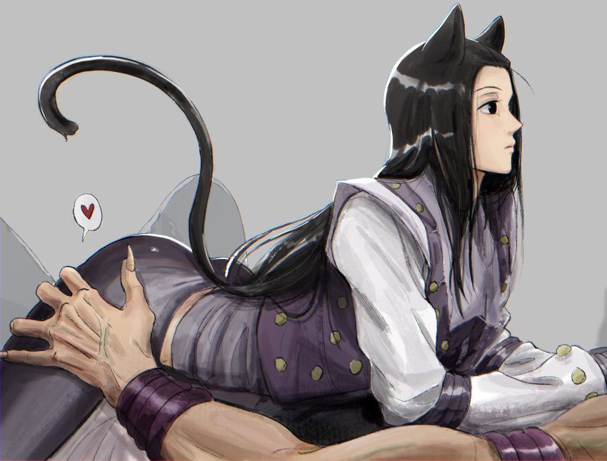 2boys animal_ears armlet ass black_hair bracelet cat_boy cat_ears cat_tail fingernails from_side grey_background grey_pants hand_on_another's_thigh highres hisoka_morow hunter_x_hunter illumi_zoldyck jewelry kemonomimi_mode long_fingernails long_hair long_sleeves looking_ahead lying lying_on_person male_focus multiple_boys on_back on_stomach out_of_frame pants profile purple_vest sharp_fingernails shirt solo_focus tail tail_raised thuy_nguu056 tight_clothes tight_pants veins vest white_shirt yaoi