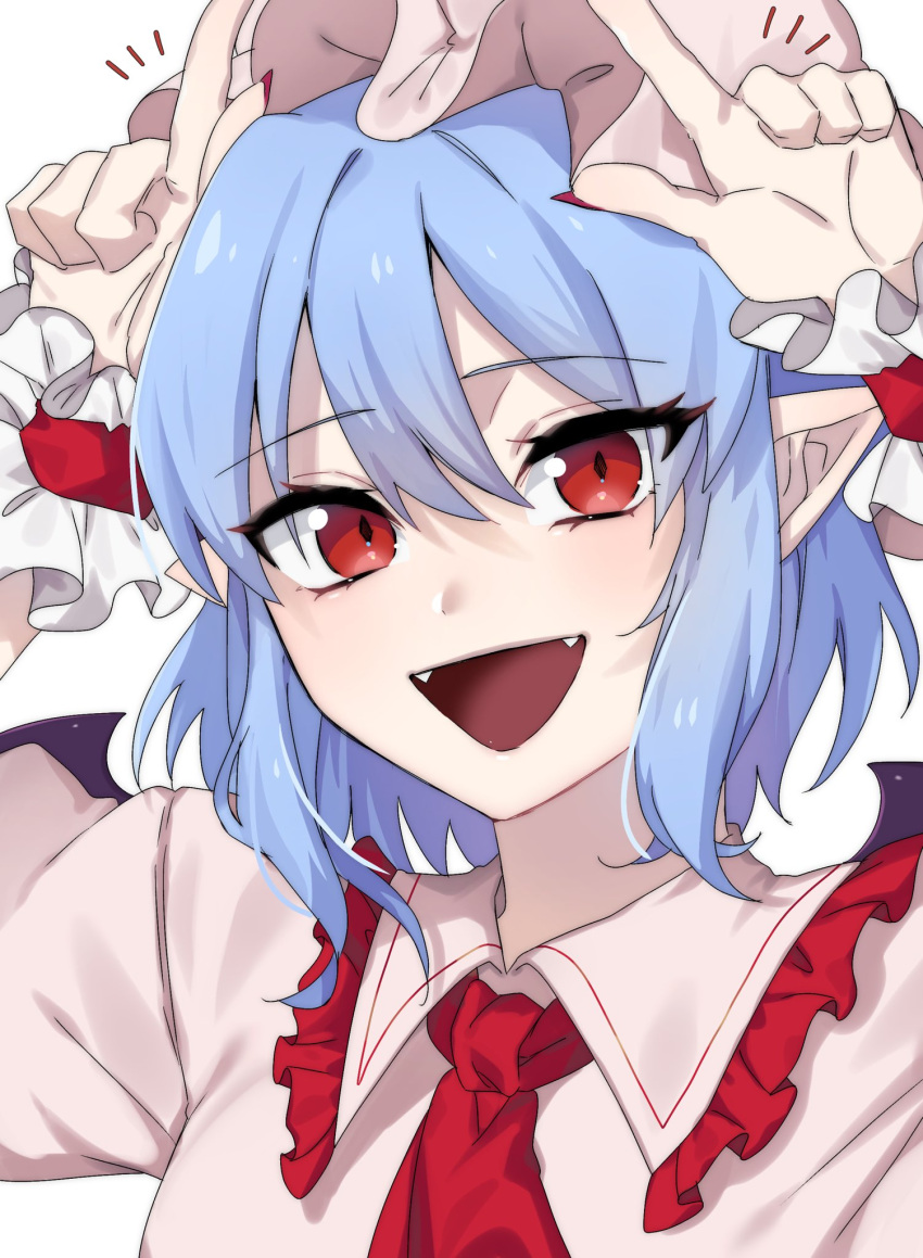 1girl ascot bat_wings blue_hair collar collared_shirt commentary emphasis_lines eringi_(rmrafrn) fangs frilled_collar frilled_headwear frilled_wrist_cuffs frills hair_between_eyes hands_up highres horns_pose medium_hair open_mouth pointy_ears portrait red_ascot red_eyes red_nails remilia_scarlet shirt smile solo touhou triangle_mouth white_background white_headwear white_shirt wings wrist_cuffs