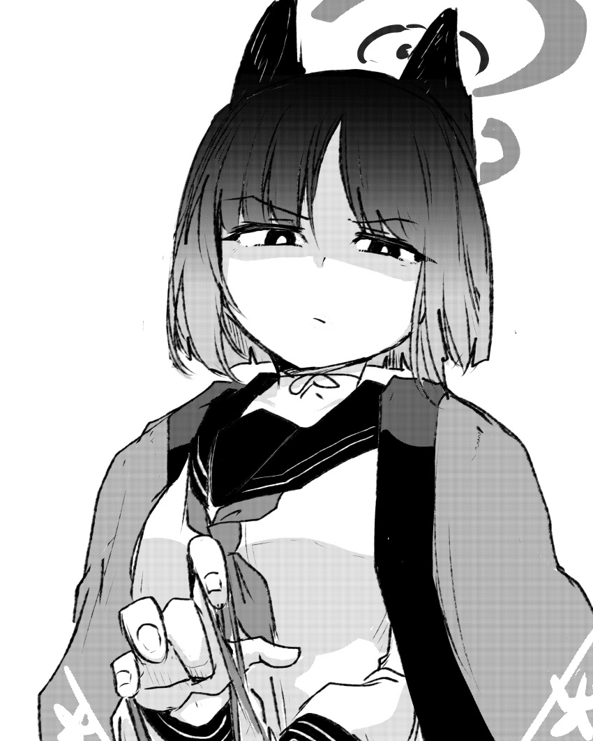 1girl absurdres animal_ears blue_archive bright_pupils cat's_cradle cat_ears choker greyscale halo hands_up haori highres japanese_clothes kikyou_(blue_archive) long_sleeves looking_at_viewer monochrome neckerchief parted_bangs poyo_(hellmayuge) raised_eyebrow ribbon_choker sailor_collar school_uniform serafuku short_hair solo upper_body white_background