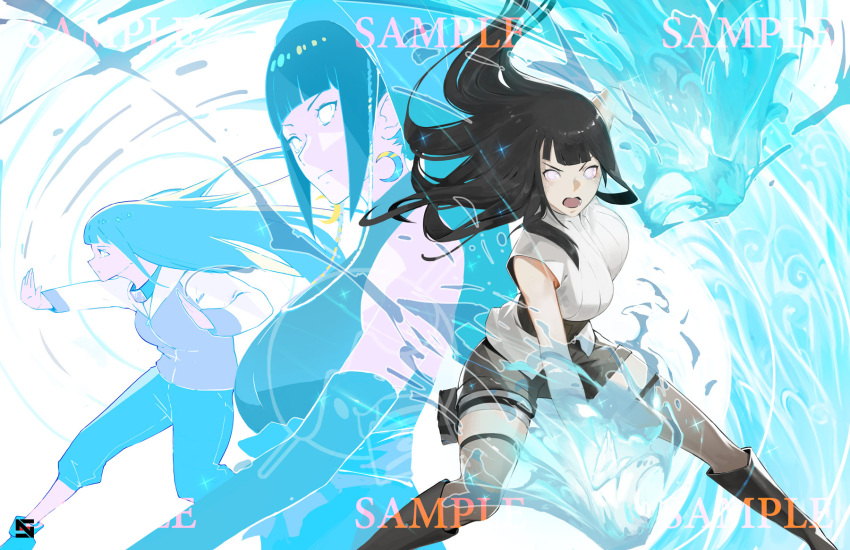 1girl aura black_hair blunt_bangs boots byakugan commission crescent crescent_earrings earrings fighting_stance highres hyuuga_hinata jewelry knee_boots long_hair looking_at_viewer multiple_persona naruto:_the_last naruto_(series) naruto_shippuuden nikusenpai no_pupils open_mouth sample_watermark sleeveless thighhighs watermark