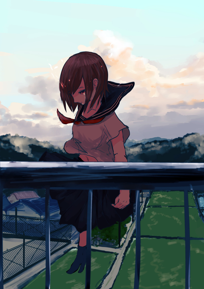 1girl blue_sailor_collar blue_skirt blue_socks brown_eyes brown_hair cloud commentary falling highres house inami_hatoko midriff navel neckerchief no_shoes original outdoors pleated_skirt railing red_neckerchief rice_paddy sailor_collar school_uniform serafuku shirt short_hair short_sleeves skirt sky socks solo suicide white_shirt