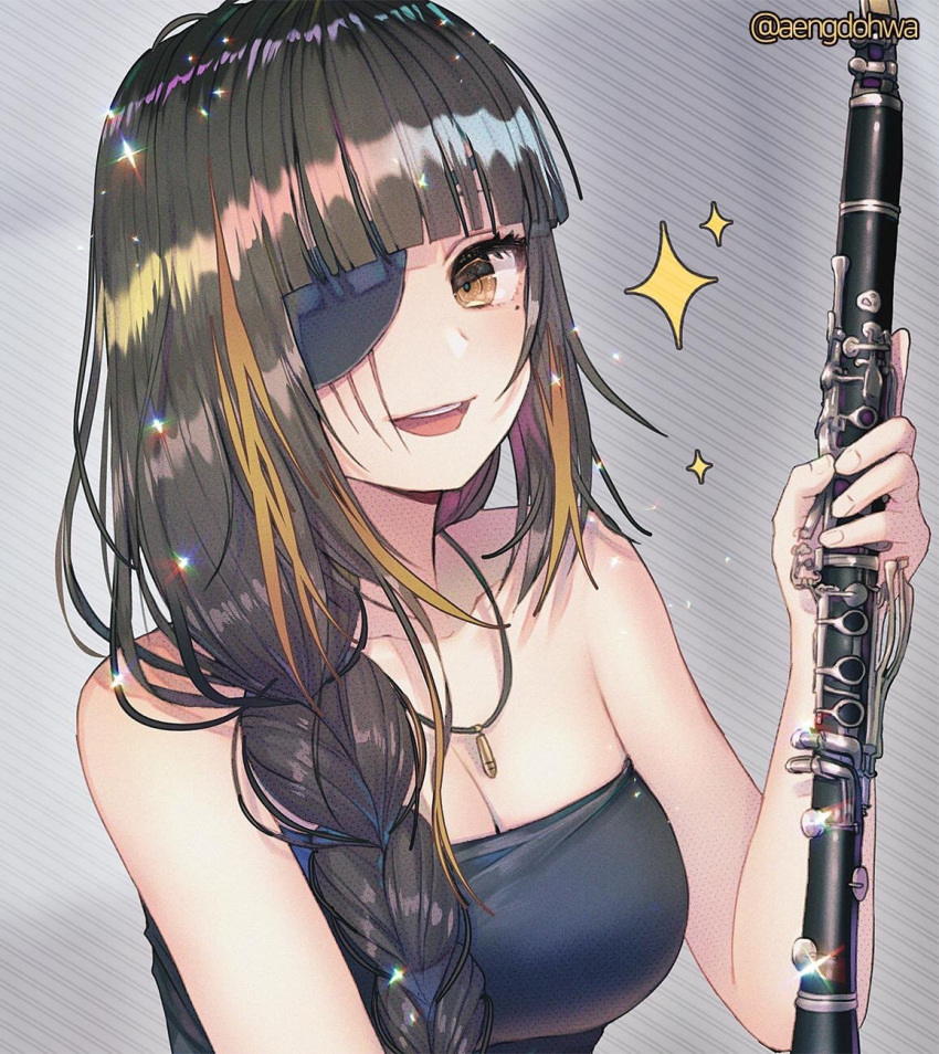1girl black_dress braid brown_eyes brown_hair dress eyepatch girls'_frontline hanato_(seonoaiko) highres holding holding_instrument instrument jewelry long_hair m16a1_(girls'_frontline) mole mole_under_eye multicolored_hair necklace open_mouth scar