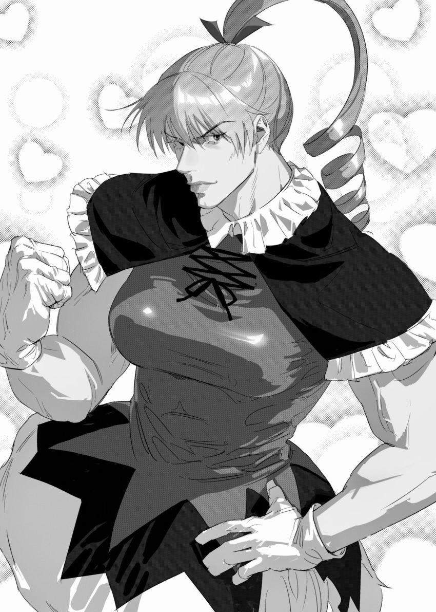 1girl alternate_form biscuit_krueger breasts capelet clenched_hand closed_mouth cowboy_shot cross-laced_clothes dress drill_hair frilled_capelet frills gloves greyscale hand_on_own_hip hand_up heart heart_background highres hunter_x_hunter killua0u0 large_breasts long_hair looking_at_viewer monochrome muscular muscular_female short_sleeves smile solo spoilers tight_clothes tight_dress undersized_clothes