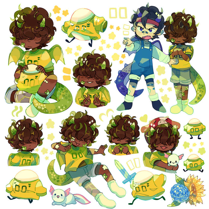 2boys animal axolotl bandaid bandaid_on_face black_hair blue_horns blue_overalls bobby_(quackity_smp) brown_hair child closed_mouth commentary dark-skinned_male dark_skin double_v dragon_boy dragon_horns dragon_tail egg english_commentary flower freckles green_horns hair_over_eyes highres horns long_sleeves male_focus mooshroom multiple_boys multiple_views open_mouth overalls purple_eyes quackity_smp richarlyson_(quackity_smp) shirt short_hair shorts simple_background sleepy_cheeky smile standing star_(symbol) sword tail v weapon white_background white_shirt yellow_shirt