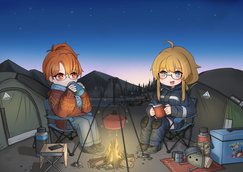 2girls absurdres ahoge beanie black_footwear black_jacket black_shorts blonde_hair blue_eyes blue_pants blue_scarf bright_pupils campfire camping camping_chair claymore_(mine) cooler cup dawn drinking explosive glasses hat highres holding holding_cup indie_virtual_youtuber jacket long_hair mako_fukasame mine_(weapon) mountainous_horizon multiple_girls open_mouth orange_eyes orange_hair orange_sweater pants scarf second-party_source shorts sidelocks sitting sky srtdrawart sweater tent thermos unworn_headwear virtual_youtuber whiskey_project white_pupils