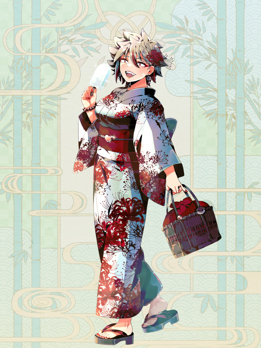 1girl bag bag_charm bead_bracelet beads bracelet brown_eyes carmen_licorice_radiata chain_paradox charm_(object) earrings fangs floral_print_kimono flower food full_body glint hair_between_eyes hair_flower hair_ornament handbag heart highres hiruno_maya holding holding_food holding_popsicle japanese_clothes jewelry kimono multicolored_hair open_mouth popsicle red_nails sandals sanpaku short_hair spider_lily spiked_hair streaked_hair toeless_footwear wide_sleeves yukata