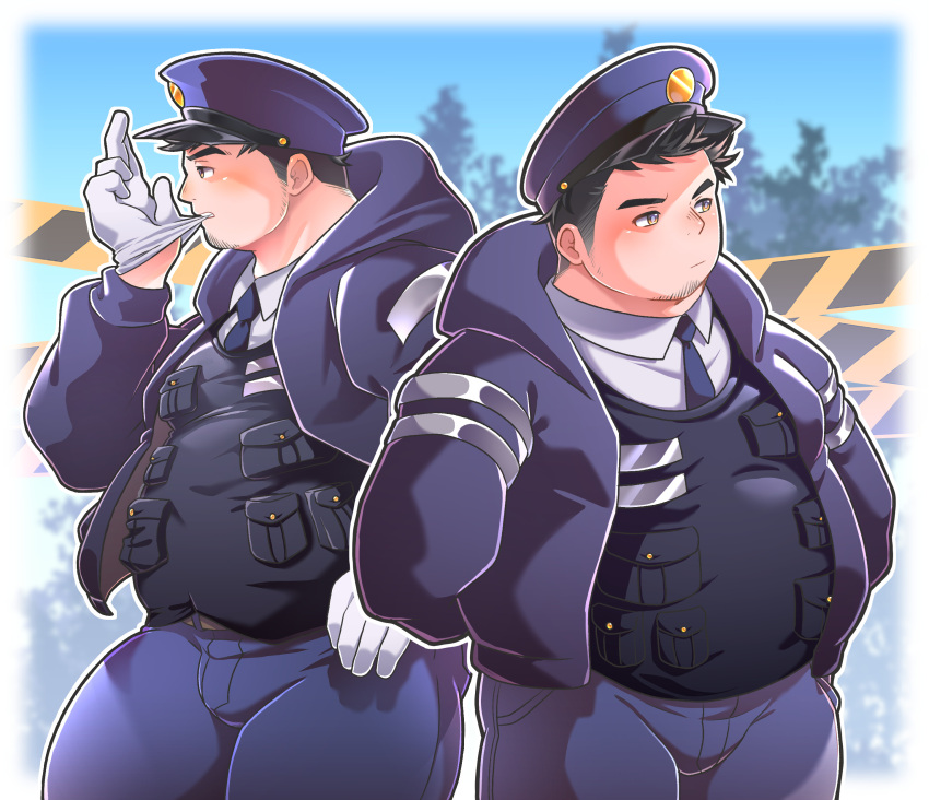 2boys absurdres bara belly cowboy_shot facial_hair fat from_side glove_in_mouth gloves goatee_stubble highres looking_ahead male_focus medium_sideburns mouth_hold multiple_boys original osu_(osumankokuou) police police_uniform policeman profile side-by-side sideburns_stubble standing stubble thick_eyebrows uniform