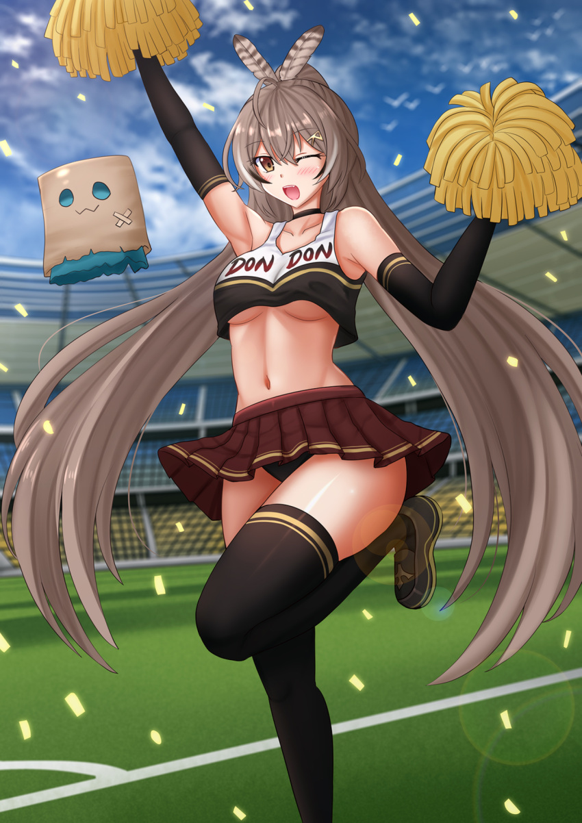 1girl ;d arm_up armpits bare_shoulders black_choker black_footwear black_gloves black_panties black_shirt black_thighhighs blurry breasts brown_hair cheerleader choker collarbone commission confetti crop_top crop_top_overhang day depth_of_field elbow_gloves friend_(nanashi_mumei) gloves hair_ornament hairclip hand_up highres holding holding_pom_poms hololive hololive_english kazenokaze large_breasts leg_up long_hair looking_at_viewer midriff miniskirt nanashi_mumei navel one_eye_closed open_mouth outdoors panties pleated_skirt pom_pom_(cheerleading) ponytail red_skirt shirt shoes skirt sleeveless sleeveless_shirt smile solo stadium standing standing_on_one_leg stomach thighhighs thighs two-tone_shirt underboob underwear very_long_hair yellow_eyes
