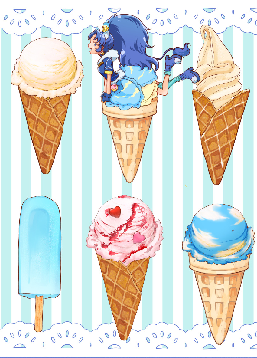 1girl absurdres animal_ears blue_bow blue_choker blue_footwear blue_gloves blue_hair blue_shirt blue_thighhighs bow bubble_skirt choker crown_earrings cure_gelato food food_focus from_side gloves highres ice_cream ice_cream_cone kirakira_precure_a_la_mode layered_skirt lion_ears lion_tail long_hair looking_at_viewer magical_girl name_connection nelo55511 object_namesake open_mouth popsicle precure profile shirt shoes single_thighhigh skirt smile soft_serve solo striped_background tail tategami_aoi thighhighs waffle_cone