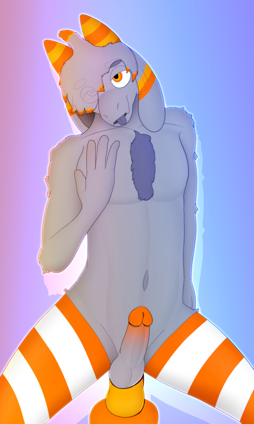 anthro balls body_hair bovid caprine chest_hair clothing dildo dildo_sitting floppy_ears fur genitals glans goat grey_body grey_fur gusta gusta_(gusta) hair hand_on_chest hi_res horn legwear legwear_only male mammal mostly_nude orange_clothing orange_eyes orange_glans orange_horn orange_legwear orange_stripes orange_thigh_highs pattern_clothing pattern_legwear pattern_thigh_highs penetration penis sex_toy solo striped_clothing striped_legwear striped_thigh_highs stripes thigh_highs thigh_highs_only tongue tongue_out