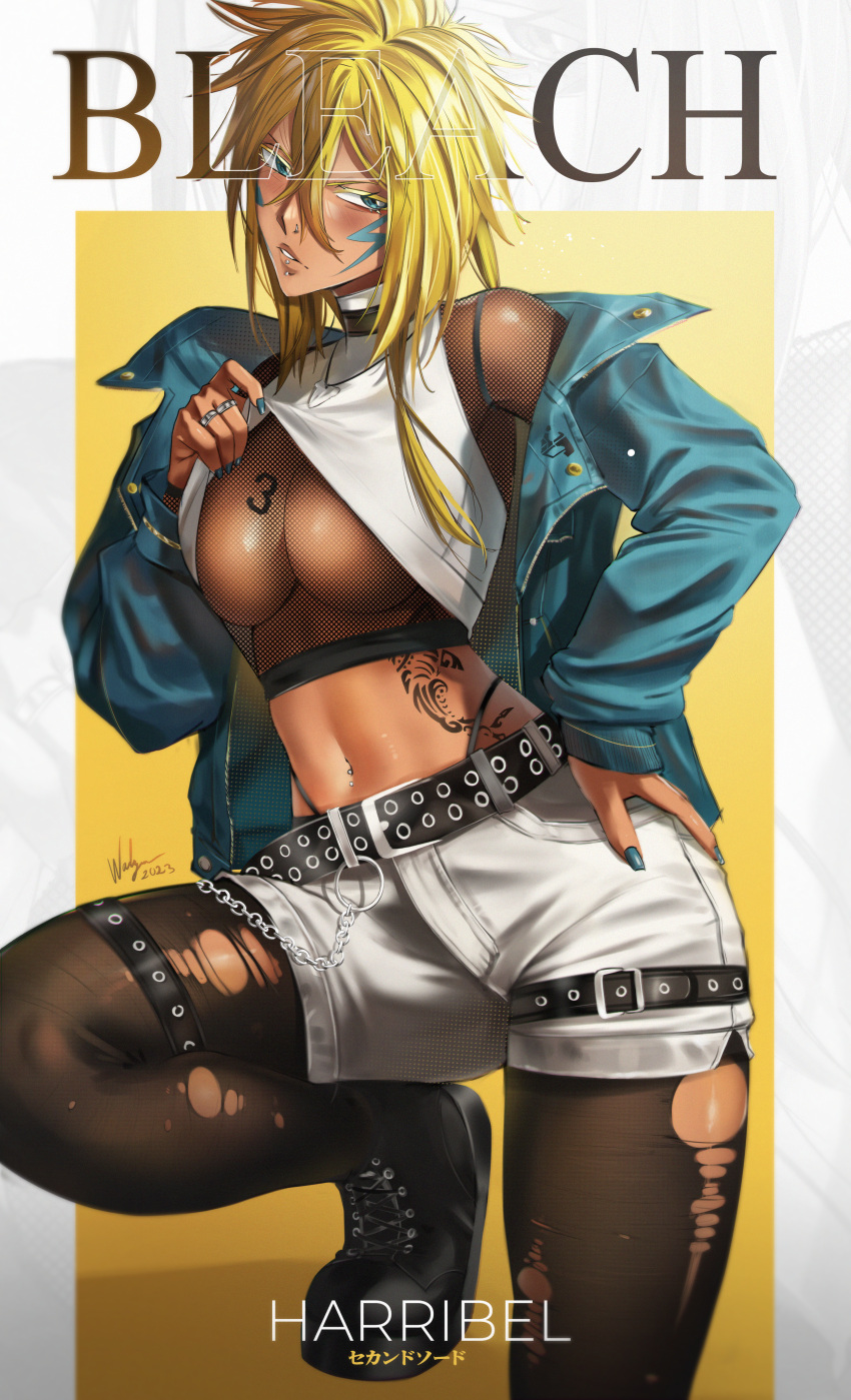 1girl absurdres alternate_costume belt black_belt black_footwear bleach blonde_hair blue_jacket blue_nails boots breast_tattoo breasts brown_pantyhose character_name dark-skinned_female dark_skin green_eyes hand_on_own_hip highres jacket large_breasts long_sleeves number_tattoo open_clothes open_jacket pantyhose see-through shorts solo tattoo tier_harribel torn_clothes torn_pantyhose waligner white_shorts