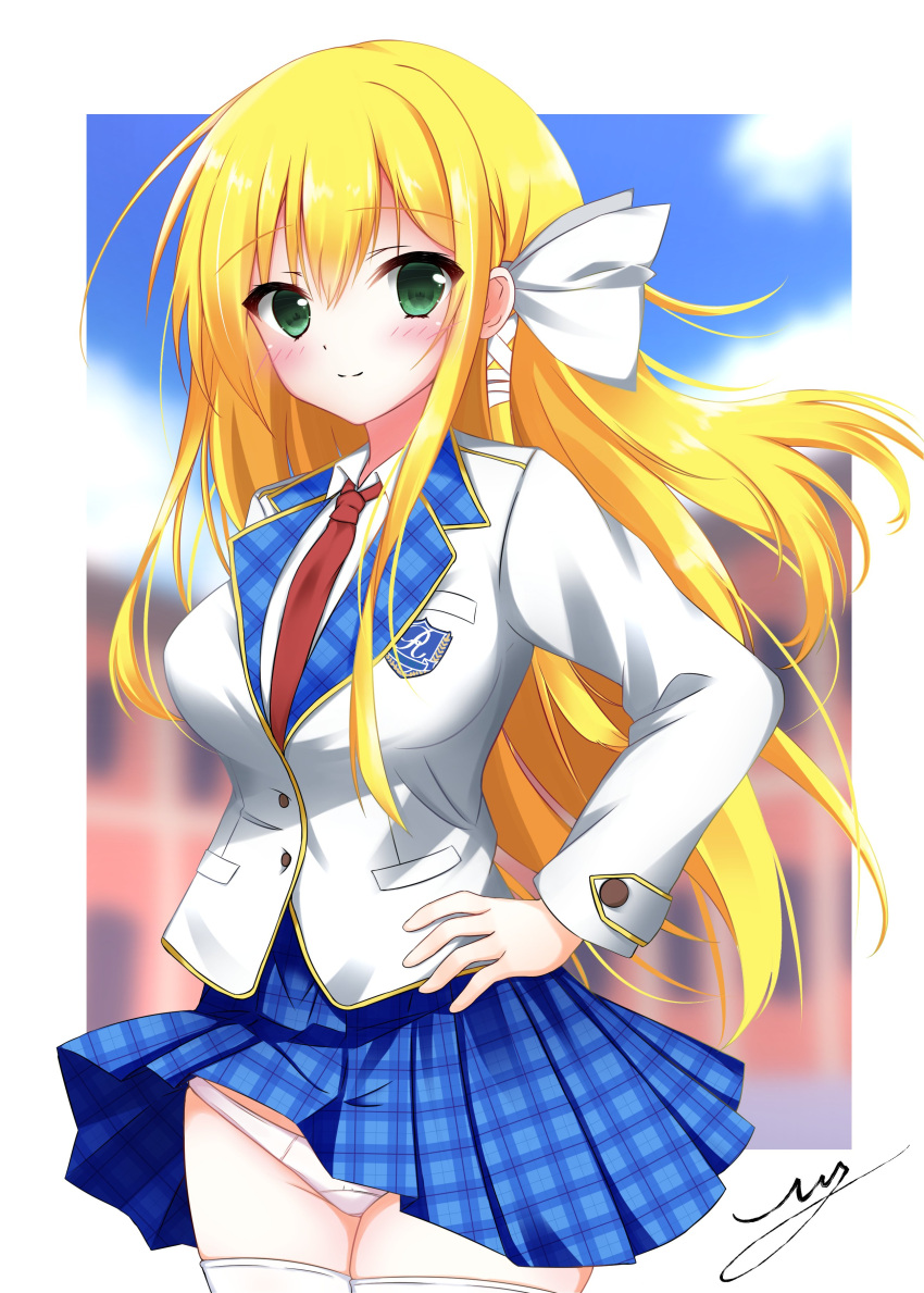 1girl absurdres blazer blonde_hair blue_skirt blurry blurry_background blush border breasts closed_mouth clothes_lift commentary_request commission cowboy_shot eyes_visible_through_hair floating_hair green_eyes hair_between_eyes hair_ribbon hand_on_own_hip highres jacket kanemoto_akari large_breasts long_hair long_sleeves looking_at_viewer miniskirt necktie noble_works panties plaid plaid_skirt pleated_skirt red_necktie ribbon school_uniform sidelocks signature skeb_commission skirt skirt_lift smile solo split_mouth thighhighs tress_ribbon underwear uuy_(uuypro) very_long_hair white_border white_jacket white_panties white_ribbon white_thighhighs wind wind_lift