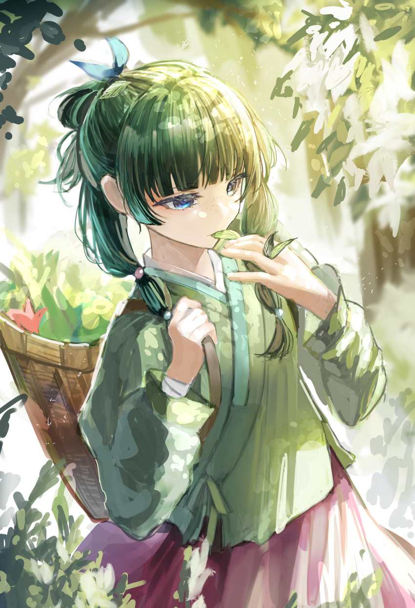 1girl absurdres basket beads blue_eyes blunt_bangs chinese_clothes commentary eating english_commentary freckles green_hair hair_beads hair_ornament hair_ribbon herb heyshikikan highres holding holding_leaf kusuriya_no_hitorigoto leaf long_hair long_sleeves low-tied_long_hair maomao_(kusuriya_no_hitorigoto) outdoors ribbon solo tree upper_body wide_sleeves
