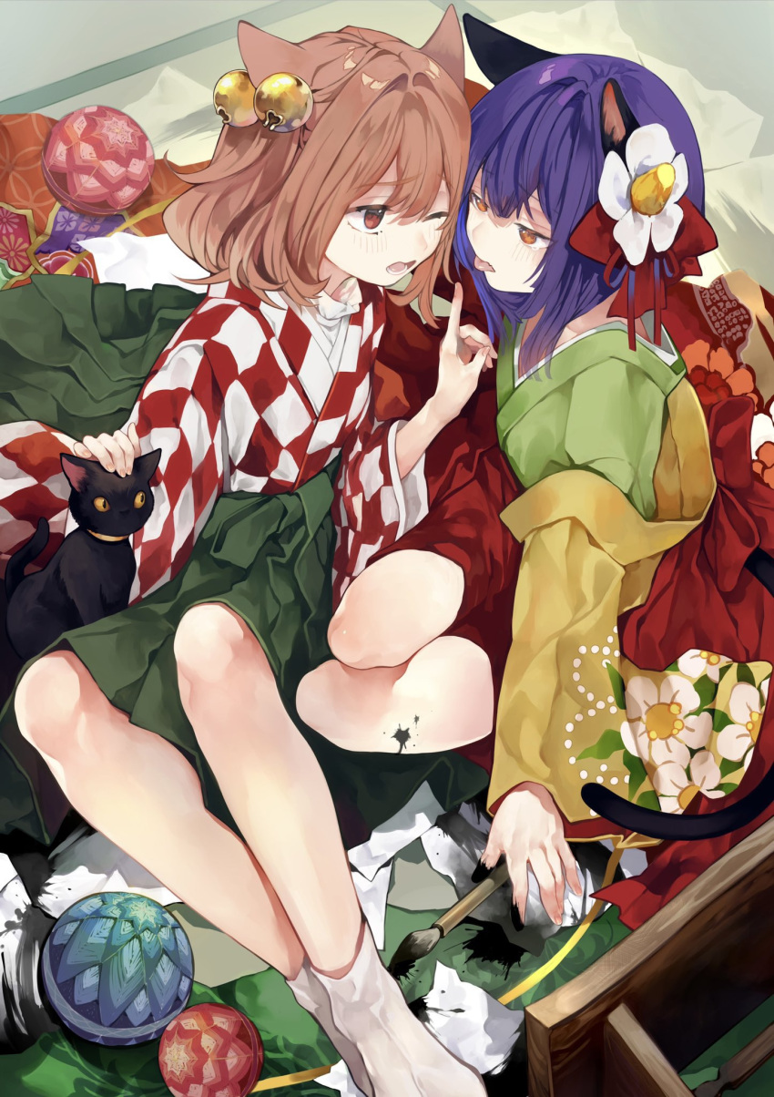 2girls animal_ears brown_hair cat cat_day cat_ears cat_girl flower green_kimono green_skirt hair_flower hair_ornament hieda_no_akyuu highres japanese_clothes kimono motoori_kosuzu multiple_girls open_mouth purple_hair red_eyes risui_(suzu_rks) short_hair skirt tabi tongue tongue_out touhou yuri