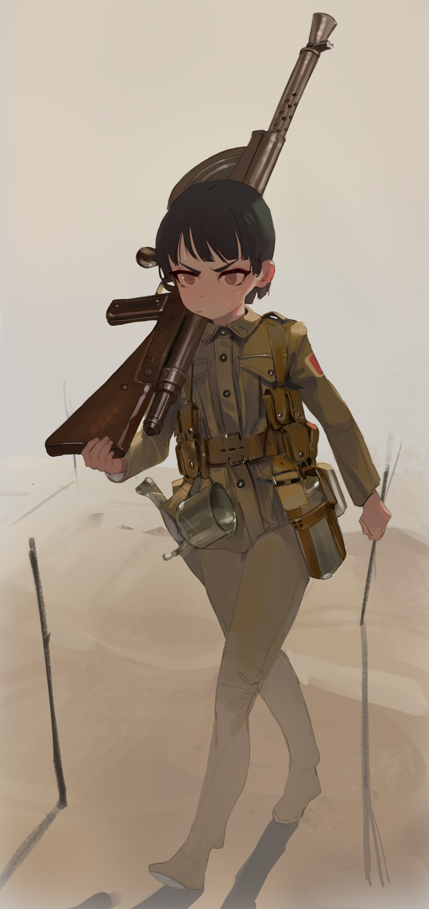 1girl absurdres buttons chauchat collared_shirt furrowed_brow gun highres long_sleeves military military_uniform original polilla pout sand shirt short_hair solo uniform v-shaped_eyebrows walking weapon