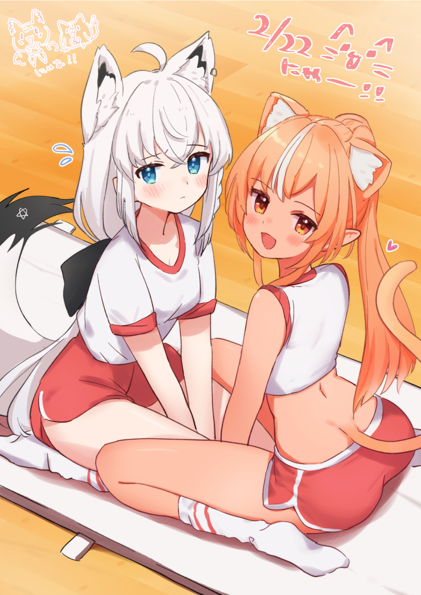 2girls ahoge alternate_costume animal_ear_fluff animal_ear_piercing animal_ears aqua_eyes black_ribbon blonde_hair blush breasts cat_ears cat_girl cat_tail closed_mouth commentary dark-skinned_female dark_skin double-parted_bangs elf flying_sweatdrops foot_out_of_frame fox_ears fox_girl fox_tail gym_shirt gym_shorts gym_uniform hair_between_eyes hair_ribbon heart high_ponytail highres hololive indoors kemonomimi_mode long_hair looking_at_viewer low_ponytail multicolored_hair multiple_girls no_shoes open_mouth pentagram pointy_ears red_shorts ribbon sasaki_(glass1138) seiza shirakami_fubuki shiranui_flare shirt short_sleeves shorts sidelocks sitting small_breasts smile socks streaked_hair tail very_long_hair virtual_youtuber wariza white_hair white_shirt white_socks wooden_floor