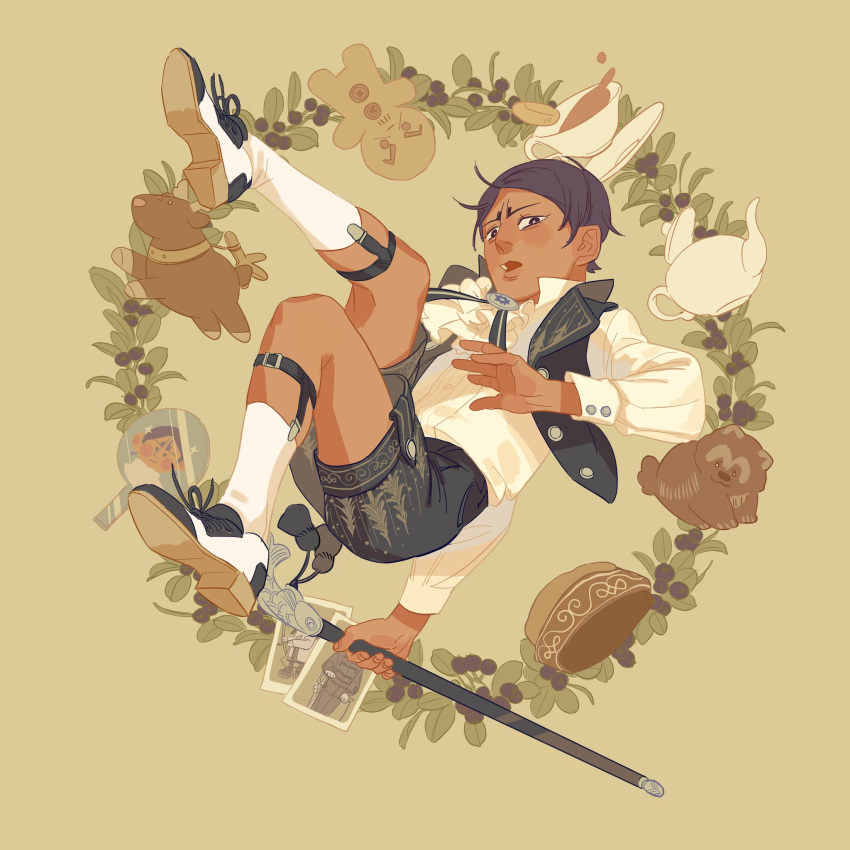 1boy aged_down animal ankle_socks ascot black_eyes black_hair black_shorts black_vest bolo_tie border brown_background character_doll chengongzi123 collared_vest cup deer floating full_body garter_straps golden_kamuy hand_up hat highres holding koito_otonoshin leg_up long_sleeves looking_at_viewer male_focus open_mouth ornate_border paddle photo_(object) plate saddle_shoes shoes short_hair shorts simple_background socks solo tanuki tea teacup teapot tsukishima_hajime unworn_hat unworn_headwear vest white_footwear white_socks