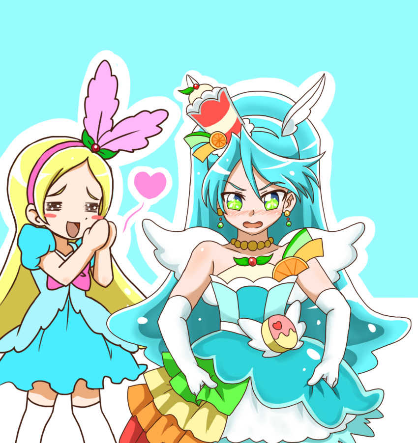 1boy 1girl artist_request berry blonde_hair blush choker cure_parfait dress earrings elbow_gloves food food-themed_hair_ornament fruit gloves hair_ornament headband heart highres jewelry kirahoshi_ciel kirakira_precure_a_la_mode leaf long_hair orange_(fruit) pearl_choker pearl_earrings pikario_(precure) precure strapless strapless_dress white_wings wings