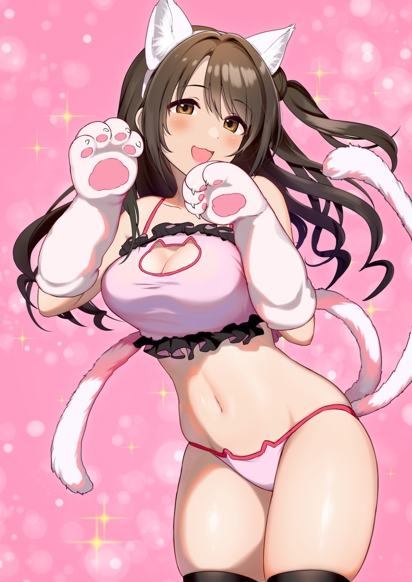 1girl :d absurdres animal_ears animal_hands bare_shoulders black_thighhighs blush bra breasts brown_eyes brown_hair cat_cutout cat_ear_panties cat_ears cat_girl cat_lingerie cat_tail cleavage cleavage_cutout clothing_cutout commentary_request cowboy_shot fake_animal_ears fake_tail frilled_bra frills gloves hairband hands_up highres idolmaster idolmaster_cinderella_girls lingerie long_hair looking_at_viewer medium_breasts meme_attire natsuya_(natuya777) navel one_side_up open_mouth panties paw_gloves paw_pose pink_background pink_bra pink_panties shimamura_uzuki skindentation smile solo sparkle standing stomach tail thighhighs thighs underwear underwear_only white_hairband