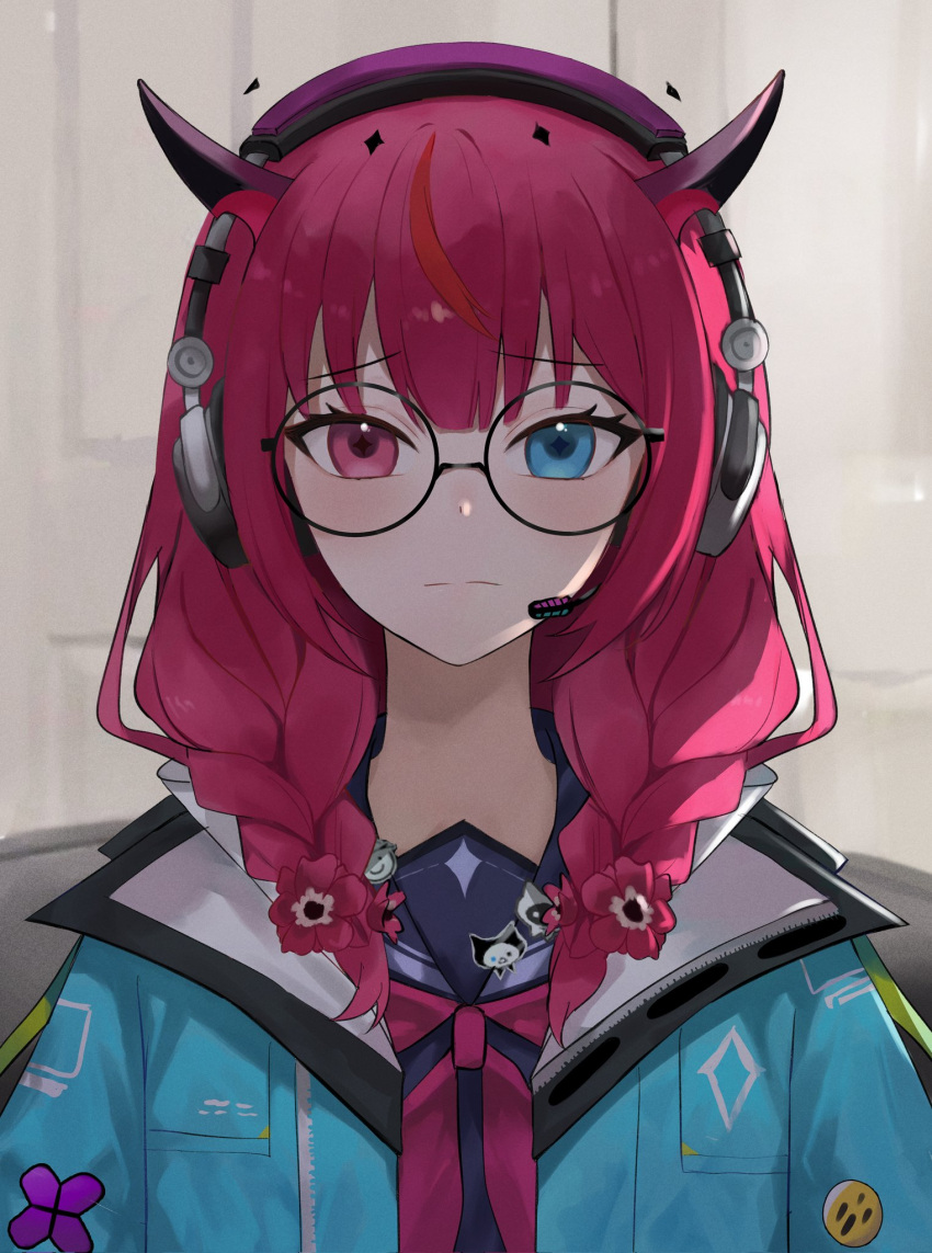 1girl badge black-framed_eyewear black_horns bloom_(irys) blue_eyes braid button_badge commentary cross-shaped_pupils english_commentary flower gloom_(irys) hair_flower hair_ornament hair_over_shoulder halo headphones headset heterochromia highres hololive hololive_english horns indoors irys_(gamer)_(hololive) irys_(hololive) light_blue_jacket light_blush light_frown linus_tech_tips long_hair looking_at_viewer meme microphone multicolored_hair nagalis neckerchief official_alternate_costume pointy_ears purple_eyes purple_hair red_flower red_hair red_neckerchief round_eyewear sad_linus_(meme) sailor_collar solo split_mouth star_halo straight-on streaked_hair symbol-shaped_pupils twin_braids upper_body virtual_youtuber