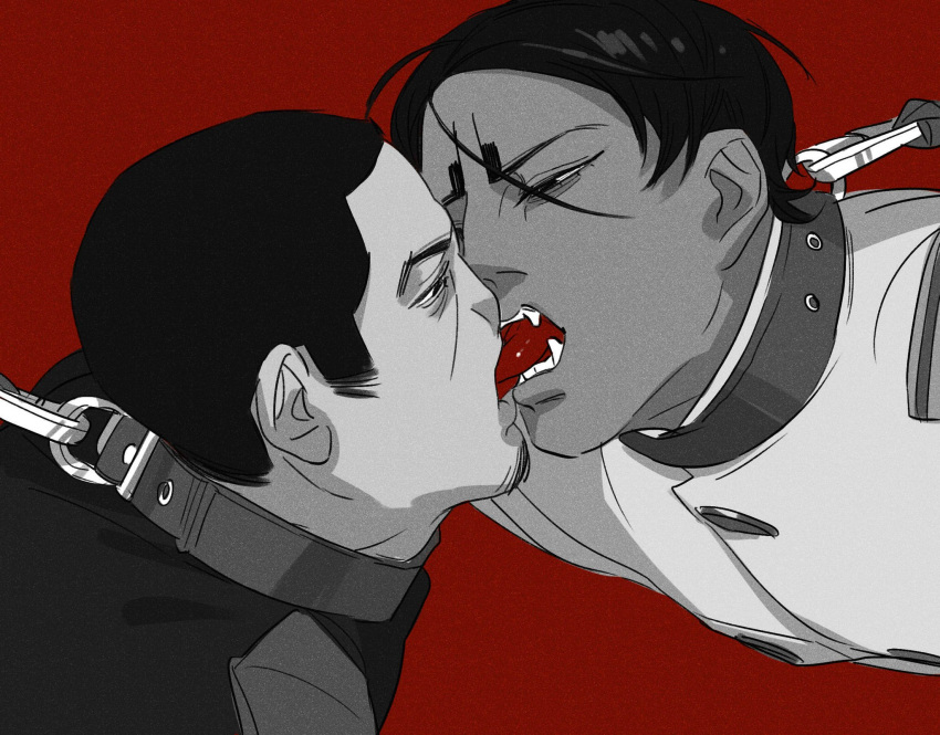2boys animal_collar chengongzi123 collar dark-skinned_male dark_skin facial_hair fangs french_kiss goatee_stubble golden_kamuy greyscale_with_colored_background highres kiss koito_otonoshin leash looking_at_another male_focus military_uniform multiple_boys open_mouth red_background short_hair simple_background stubble tsukishima_hajime uniform upper_body very_short_hair yaoi