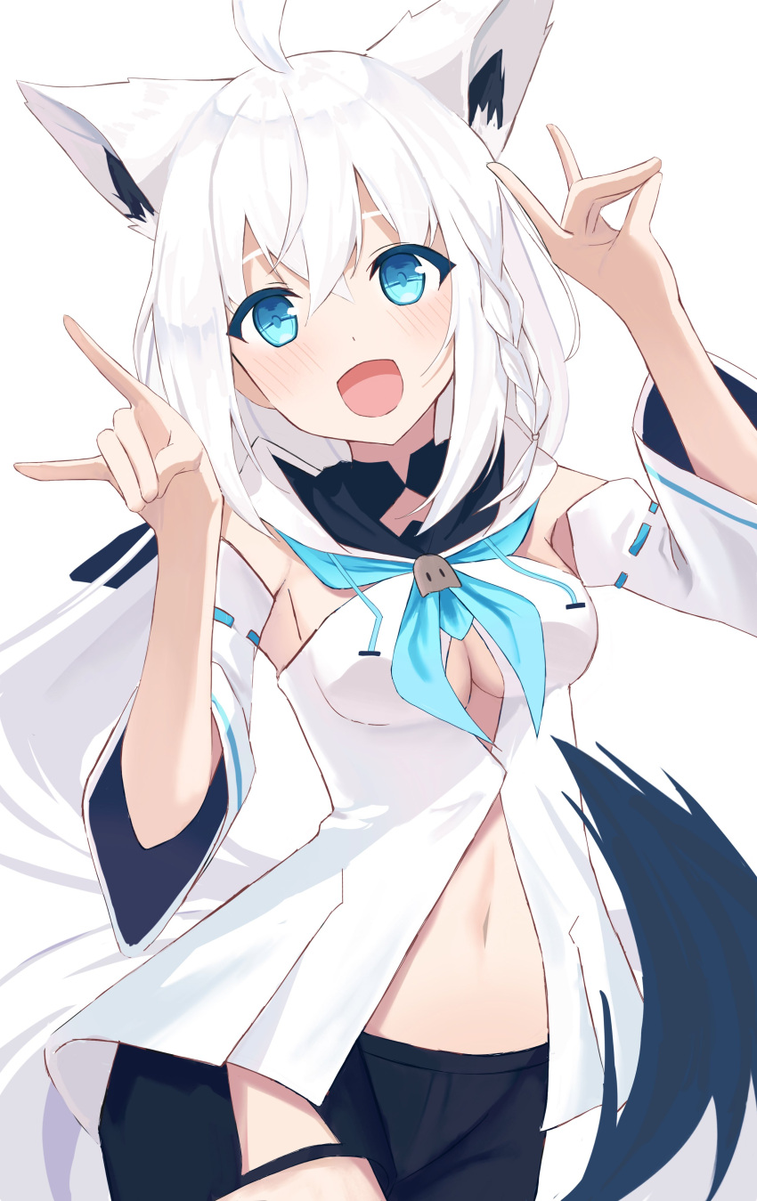 1girl :d absurdres ahoge animal_ear_fluff animal_ears black_shorts blue_eyes blue_neckerchief blush braid breasts commentary_request detached_sleeves double_fox_shadow_puppet extra_ears fox_ears fox_girl fox_shadow_puppet fox_tail front_slit hair_between_eyes hands_up highres hololive hood hoodie looking_at_viewer medium_breasts midriff_peek navel neckerchief open_mouth ru_airasuto shirakami_fubuki shirakami_fubuki_(1st_costume) short_shorts shorts side_braid sidelocks smile solo tail virtual_youtuber white_hair white_hoodie white_sleeves wide_sleeves