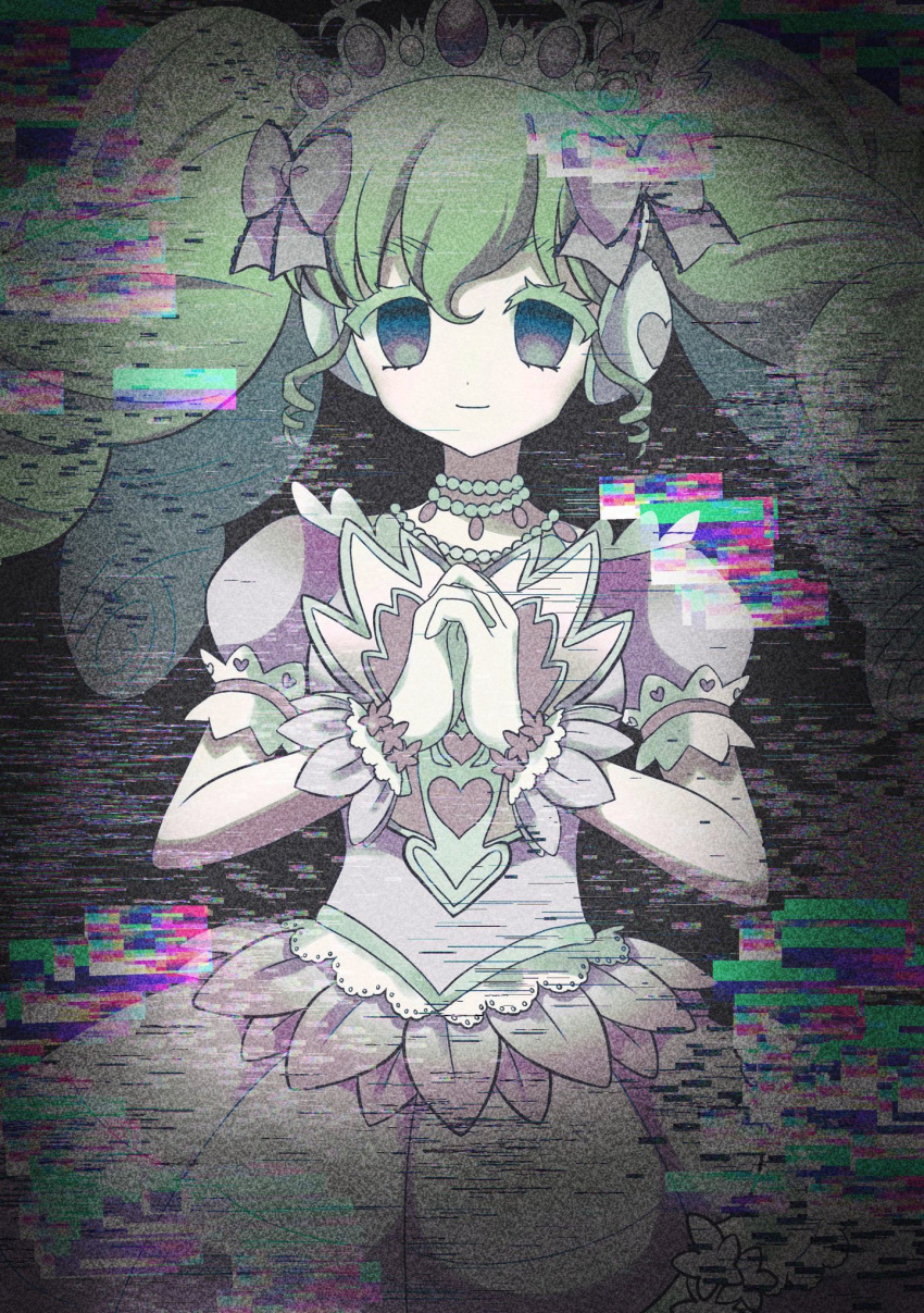 1girl azuki_(gobi_cutter) bow colored_eyelashes cowboy_shot dress empty_eyes falulu glitch green_hair grey_background grey_eyes hair_bow hands_up headphones highres jewelry long_hair looking_at_viewer necklace own_hands_together pink_bow pink_dress pretty_series pripara puffy_short_sleeves puffy_sleeves short_sleeves sidelocks smile solo standing tiara twintails