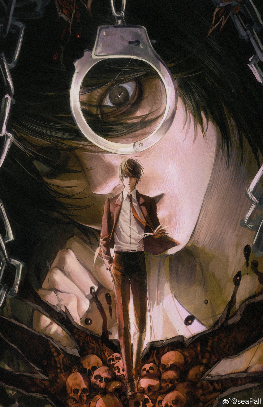 2boys absurdres bags_under_eyes black_eyes black_hair blazer blood book brown_hair brown_pants collared_shirt corpse cuffs death_note death_note_(object) dress_shirt giant hand_in_pocket handcuffs highres holding holding_book jacket l_(death_note) long_sleeves looking_at_viewer mini_person miniboy mismatched_pupils multiple_boys necktie open_book open_clothes open_jacket pants peeking_out pile_of_skulls red_jacket red_necktie seapall shirt size_difference skull solo_focus symbol-shaped_pupils walking weibo_logo weibo_username white_shirt yagami_light