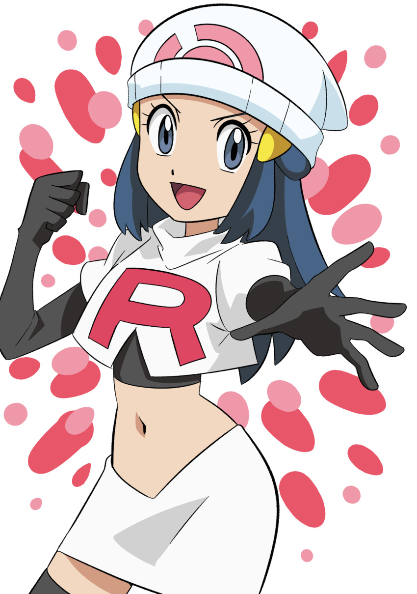 1girl :d beanie black_gloves black_hair boots clenched_hand commentary_request cosplay cropped_jacket dawn_(pokemon) elbow_gloves eyelashes gloves grey_eyes hainchu hair_ornament hairclip hat highres jacket jessie_(pokemon) jessie_(pokemon)_(cosplay) logo long_hair open_mouth outstretched_arm pokemon pokemon_(anime) pokemon_journeys shirt sidelocks skirt smile solo spread_fingers team_rocket team_rocket_uniform thigh_boots tongue white_background white_headwear white_jacket white_skirt