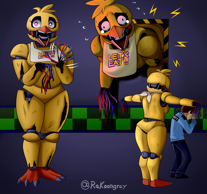 absurd_res animatronic anthro avian bird chicken duo e4hargus female five_nights_at_freddy's five_nights_at_freddy's_2 galliform gallus_(genus) hi_res human jeremy_fitzgerald machine male mammal phasianid purple_eyes robot scottgames t-pose wire withered_chica_(fnaf) yellow_body