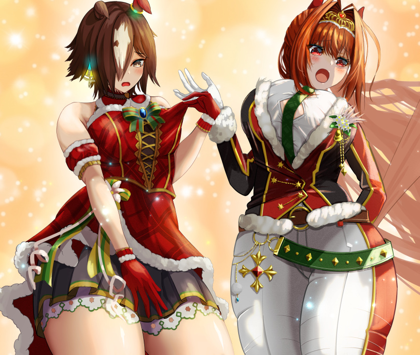 2girls absurdres animal_ears antenna_hair azuki_(azuki_azukki) box breasts brown_hair christmas commentary_request cosplay costume_switch daiwa_scarlet_(scarlet_nuit_etoile)_(umamusume) daiwa_scarlet_(umamusume) daiwa_scarlet_(umamusume)_(cosplay) dress ear_covers ears_down fur-trimmed_jacket fur_armlet fur_jacket fur_trim gift gift_box gloves hair_intakes hair_ornament hair_over_one_eye highres holding holding_gift horse_ears horse_girl jacket long_hair looking_at_viewer multiple_girls official_alternate_costume pants plaid plaid_dress red_dress red_eyes red_gloves red_jacket tiara umamusume vodka_(nonfreezing_aqua_vitae)_(umamusume) vodka_(umamusume) vodka_(umamusume)_(cosplay) white_gloves white_pants