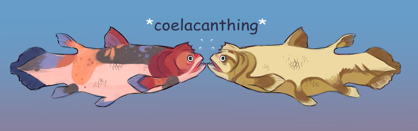 2023 absurd_res alternate_species ambiguous_gender blue_background blue_fins blue_markings blush brown_body brown_fin brown_scales bubble coelacanth colored_sketch comic_sans digital_drawing_(artwork) digital_media_(artwork) dorsal_fin duo english_text feral fin fish full-length_portrait gradient_background grey_body grey_scales hi_res lobe-finned_fish male_(lore) maple_(maple_syrup_art) marine markings nonbinary_(lore) open_mouth pink_blush portrait scales shaded side_view simple_background sketch tail tail_fin tan_body tan_fin tan_scales tansy_(tansydrawsnsfw) tansydrawsnsfw teeth text trans_(lore) trans_man_(lore)