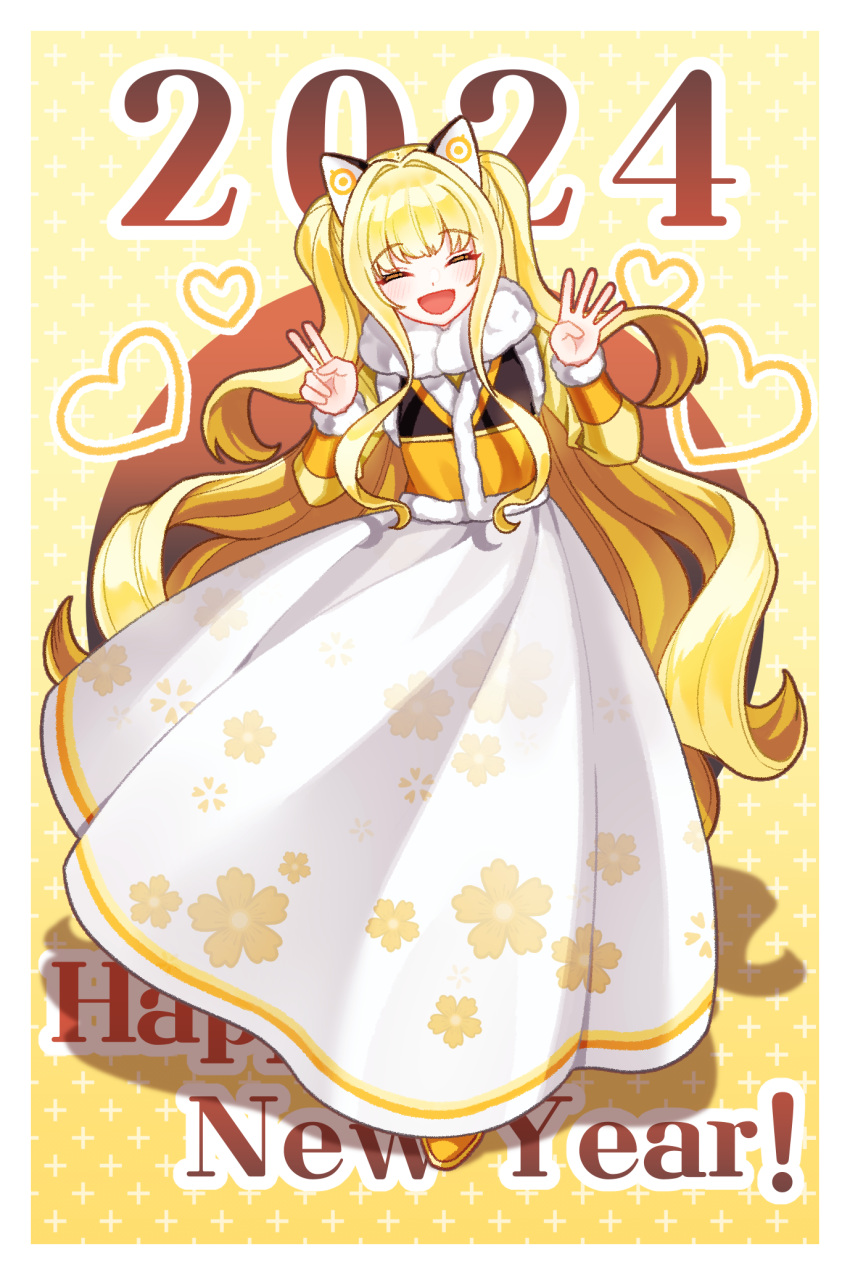 1girl 2024 alternate_costume animal_ears cat_ears closed_eyes drawn_heart dress fake_animal_ears floral_print fur-trimmed_dress fur_trim gradient_background happy_new_year heart highres long_hair open_mouth orange_vest outline patterned_background print_dress seeu sidelocks smile solo twintails very_long_hair vest vocaloid white_background white_outline wimp1313 yellow_background