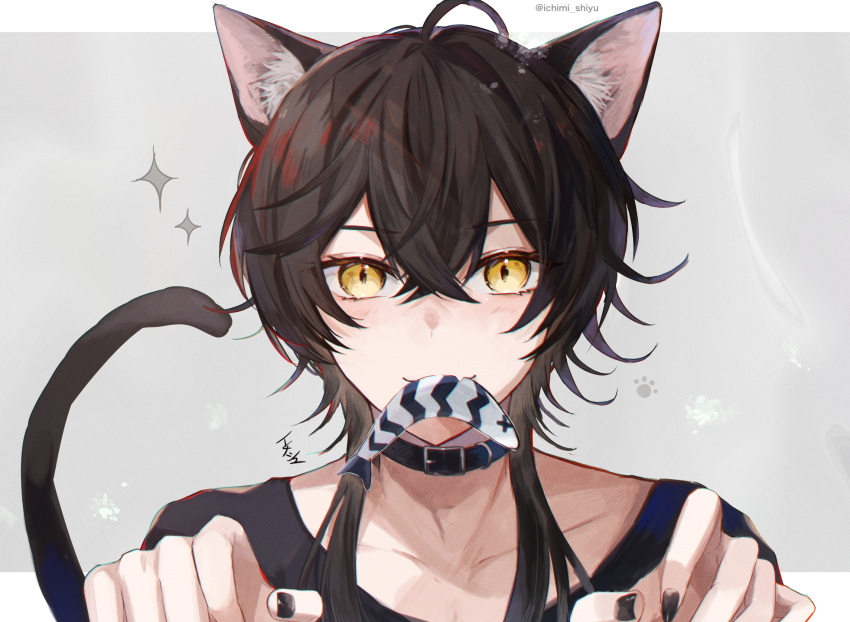 1boy animal_ears black_hair cat_boy cat_day cat_ears cat_tail collar fang fang_out fish fish_in_mouth highres ichimishiyu long_hair looking_at_viewer male_focus mouth_hold nail_polish original paw_pose skin_fang smile solo tail yellow_eyes