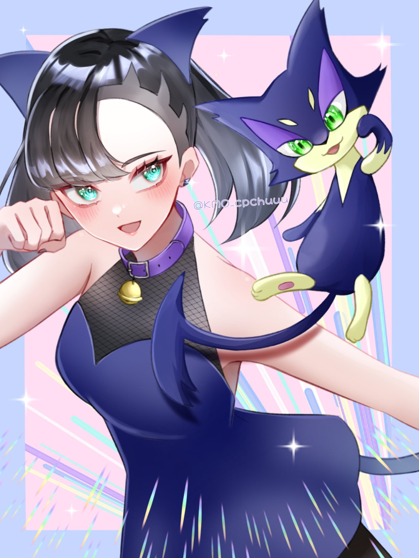 1girl :d alternate_costume asymmetrical_bangs bare_arms black_hair blush clenched_hand collar commentary_request dress earrings eyelashes green_eyes hand_up happy highres jewelry kamicho_musharu marnie_(pokemon) open_mouth paw_pose pokemon pokemon_(creature) pokemon_ears pokemon_swsh purple_collar purrloin sleeveless sleeveless_dress smile sparkle twintails twitter_username watermark