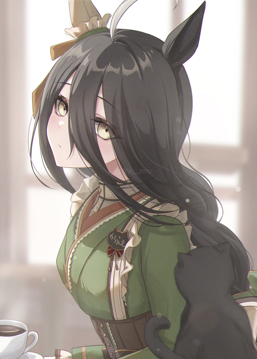 1girl absurdres ahoge animal animal_ears apron black_cat black_hair blush brown_eyes brown_skirt cat closed_mouth commentary cup frilled_apron frills green_kimono grey_eyes hair_between_eyes highres holding holding_tray horse_ears horse_girl horse_tail japanese_clothes kimono long_hair long_sleeves looking_at_viewer manhattan_cafe_(umamusume) manhattan_cafe_(verdant_night)_(umamusume) mino_(mii_mt) mug official_alternate_costume official_alternate_hairstyle pleated_skirt puffy_long_sleeves puffy_sleeves shirt skirt solo tail teacup tray twitter_username umamusume upper_body very_long_hair waist_apron white_apron white_shirt wide_sleeves