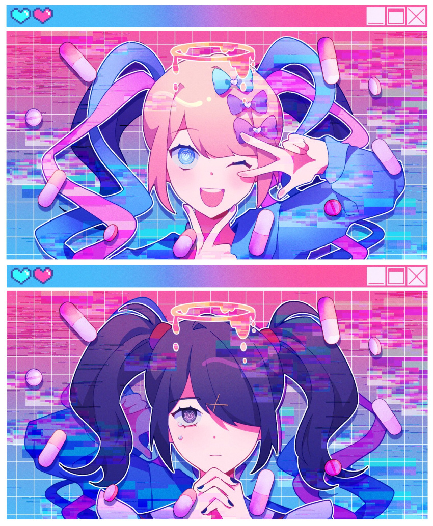 2girls @_@ ame-chan_(needy_girl_overdose) black_hair blonde_hair blue_bow blue_eyes blue_hair border bow chouzetsusaikawa_tenshi-chan closed_mouth double_v dual_persona glitch hair_bow hair_ornament hair_over_one_eye hands_up heart heart_in_eye highres interlocked_fingers long_hair long_sleeves looking_at_viewer multicolored_hair multiple_girls nail_polish needy_girl_overdose one_eye_closed open_mouth orri_(iirokagi) outline own_hands_together pill pink_bow pink_hair pixel_heart purple_bow quad_tails smile symbol_in_eye tearing_up twintails upper_body v v_over_eye white_border white_outline window_(computing) x_hair_ornament