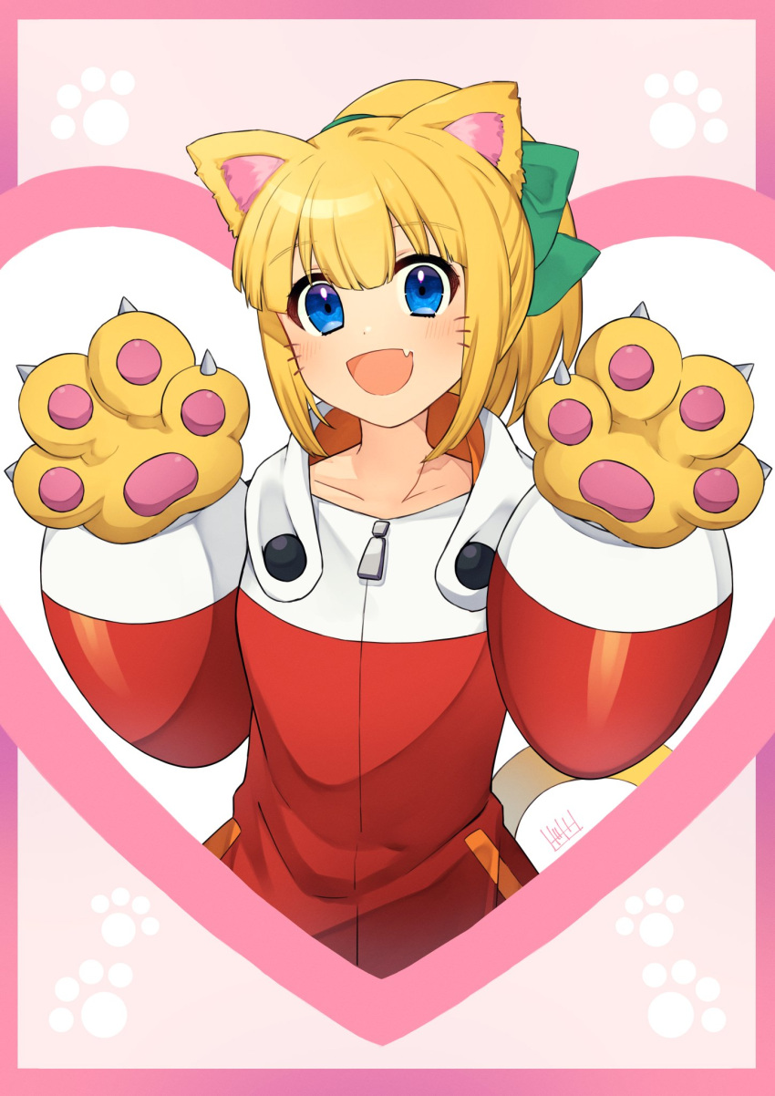 1girl animal_ears animal_hands blue_eyes cat_ears cat_tail collarbone dress facial_mark heart high_ponytail highres medium_hair mega_man_(classic) mega_man_(series) red_dress roll_(mega_man) solo tail tobitori two-tone_dress whisker_markings white_dress