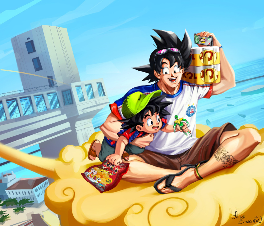 2boys alcohol beer brazil calling chips_(food) day dragon_ball dragon_ball_z ec_bahia filipeemerson3 flying_nimbus food green_ranger highres multiple_boys nike_(company) pig power_rangers slippers soccer_uniform son_goku son_goten sportswear tattoo vegeta